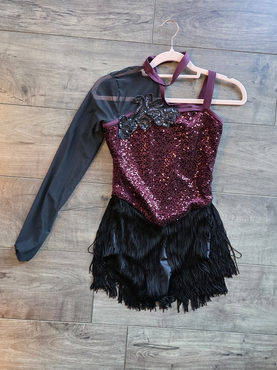 Weissman Other - Jazz Dance Costume - Burgundy Sequin One-Piece with Black Fringe (XSA)